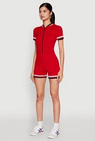 Womens Varsity Stripe Graphic Print Romper, Red, Size XL