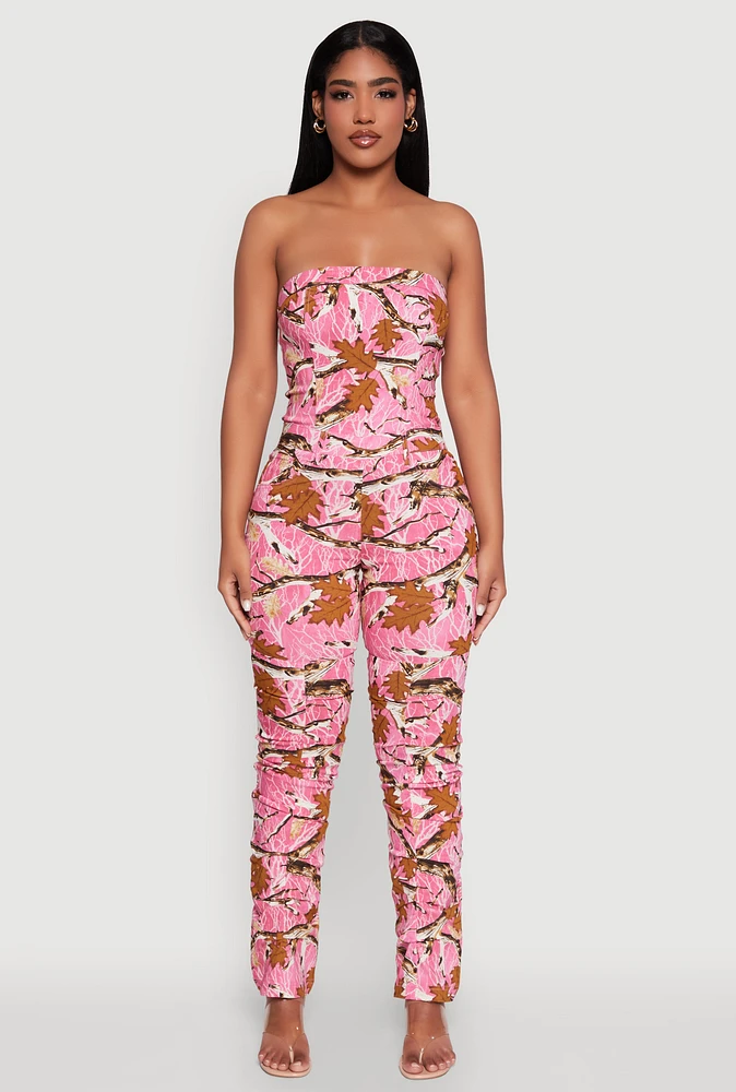 Womens Forest Camo Tube Jumpsuit with Stacked Slim Leg Fit, Pink, Size XL
