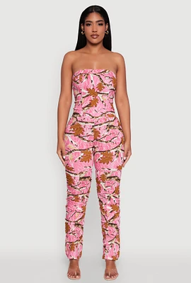 Womens Forest Camo Tube Jumpsuit with Stacked Slim Leg Fit, Pink, Size XL