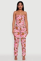Womens Forest Camo Tube Jumpsuit with Stacked Slim Leg Fit, Pink, Size XL