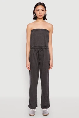 Womens Mineral Wash Cargo Pocket Tube Jumpsuit, Grey, Size M