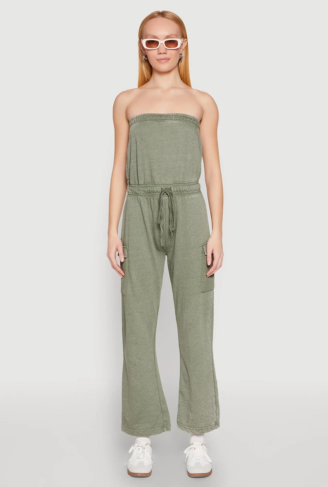 Womens Mineral Wash Cargo Pocket Tube Jumpsuit, L