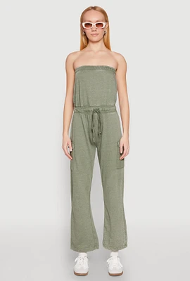 Womens Mineral Wash Cargo Pocket Tube Jumpsuit, L