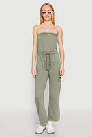 Womens Mineral Wash Cargo Pocket Tube Jumpsuit, L