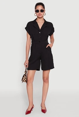 Womens Button Front Fixed Cuff Romper, Black, Size S