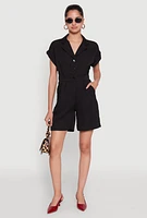 Womens Button Front Fixed Cuff Romper, Black, Size S