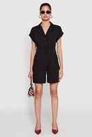 Womens Button Front Fixed Cuff Romper, Black, Size S