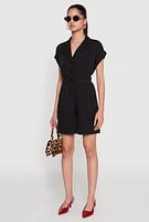 Womens Button Front Fixed Cuff Romper, Black, Size S