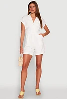 Womens Button Front Fixed Cuff Romper, White, Size L