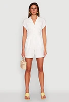 Womens Button Front Fixed Cuff Romper, White, Size L
