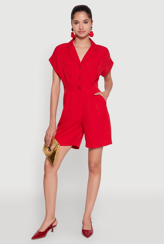 Womens Button Front Fixed Cuff Romper,