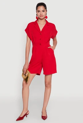 Womens Button Front Fixed Cuff Romper,