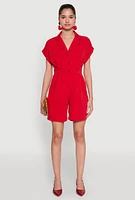 Womens Button Front Fixed Cuff Romper,