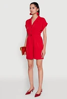Womens Button Front Fixed Cuff Romper,