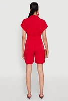 Womens Button Front Fixed Cuff Romper,