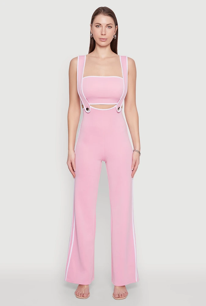 Womens Contrast Trim Suspender Pants with Bandeau Top, Pink, Size L