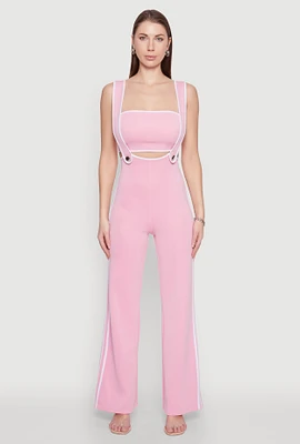 Womens Contrast Trim Suspender Pants with Bandeau Top, Pink, Size L