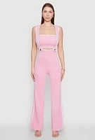 Womens Contrast Trim Suspender Pants with Bandeau Top, Pink, Size L