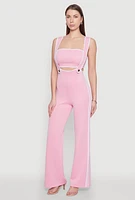 Womens Contrast Trim Suspender Pants with Bandeau Top, Pink, Size L