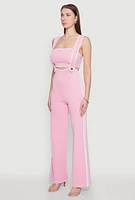 Womens Contrast Trim Suspender Pants with Bandeau Top, Pink, Size L