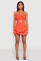 Womens Airy Ruffled Cut Out Halter Romper, Orange, Size M