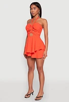 Womens Airy Ruffled Cut Out Halter Romper, Orange, Size S
