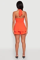 Womens Airy Ruffled Cut Out Halter Romper, Orange, Size M