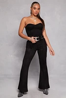 Womens Faux Suede Western Buckle Fringe Bustier Jumpsuit, Black, Size M