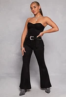 Womens Faux Suede Western Buckle Fringe Bustier Jumpsuit, Black, Size M