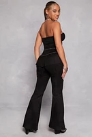 Womens Faux Suede Western Buckle Fringe Bustier Jumpsuit, Black, Size M