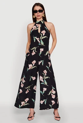Womens Chic Floral Print Sleeveless Halter Neck Jumpsuit, Black, Size S