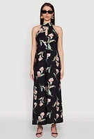 Womens Chic Floral Print Sleeveless Halter Neck Jumpsuit, Black, Size S