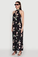 Womens Chic Floral Print Sleeveless Halter Neck Jumpsuit, Black, Size S