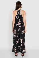 Womens Chic Floral Print Sleeveless Halter Neck Jumpsuit, Black, Size S