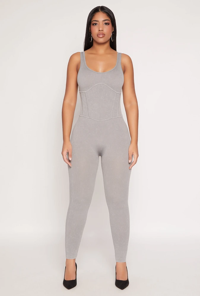 Womens Seamless Ribbed Knit Corset Detail Catsuit, Grey, Size M-L