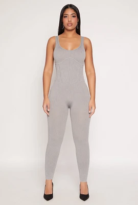 Womens Seamless Ribbed Knit Corset Detail Catsuit, Grey, Size M-L