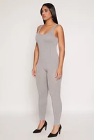Womens Seamless Ribbed Knit Corset Detail Catsuit, Grey, Size M-L