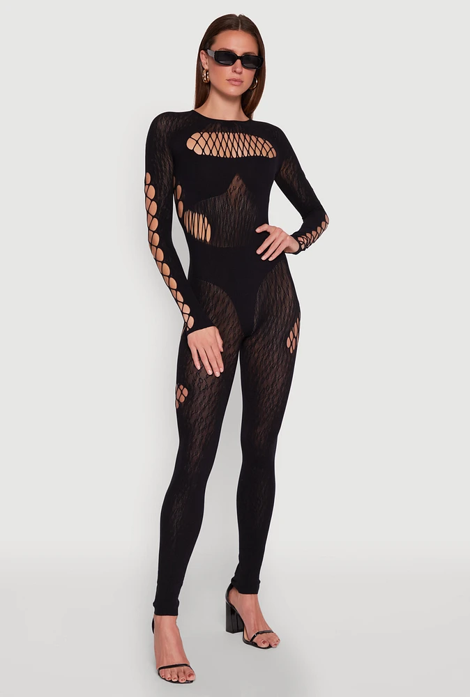 Womens Seamless Leopard Print Laser Cut Fishnet Catsuit, Black