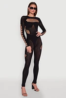 Womens Seamless Leopard Print Laser Cut Fishnet Catsuit, Black