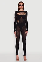 Womens Seamless Leopard Print Laser Cut Fishnet Catsuit, Black