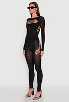 Womens Seamless Leopard Print Laser Cut Fishnet Catsuit, Black