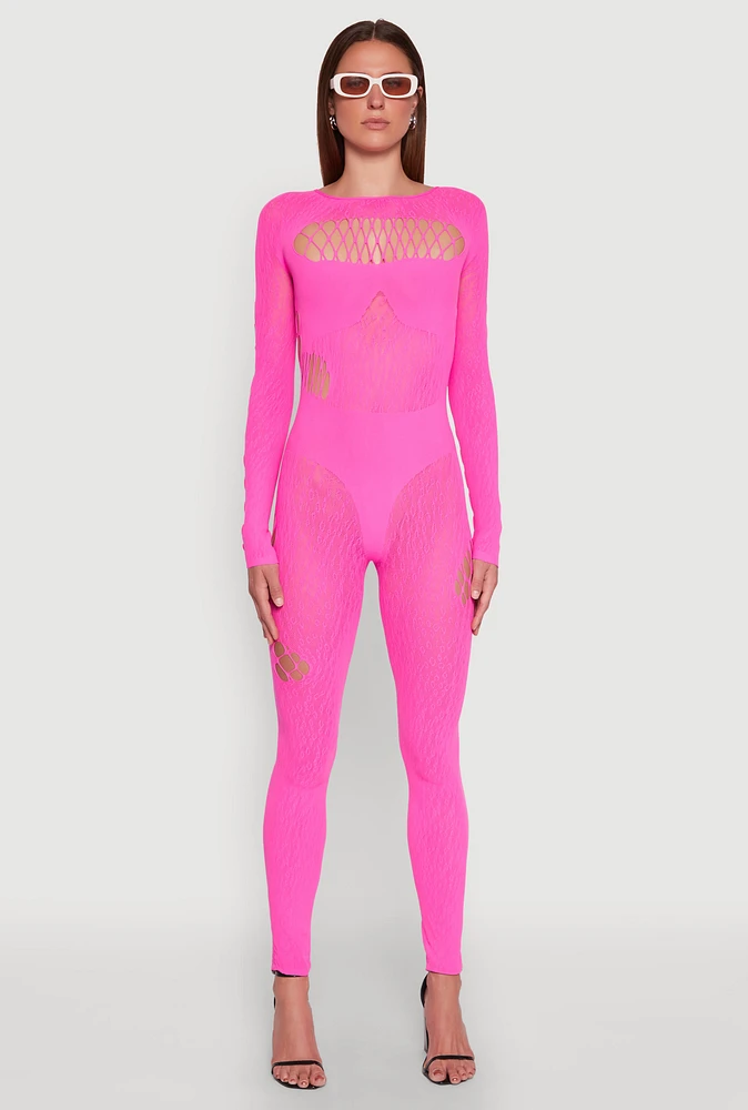 Womens Seamless Leopard Print Laser Cut Fishnet Catsuit, Pink