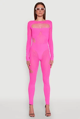 Womens Seamless Leopard Print Laser Cut Fishnet Catsuit, Pink