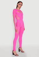 Womens Seamless Leopard Print Laser Cut Fishnet Catsuit, Pink
