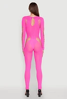 Womens Seamless Leopard Print Laser Cut Fishnet Catsuit, Pink