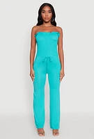 Womens Chic Smocked Strapless Ruffle Jumpsuit with Faux Drawstring,
