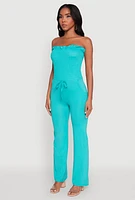 Womens Chic Smocked Strapless Ruffle Jumpsuit with Faux Drawstring,