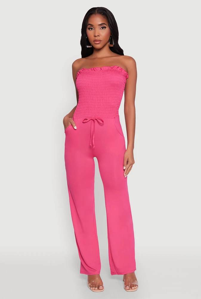Womens Chic Smocked Strapless Ruffle Jumpsuit with Faux Drawstring, Pink, Size L