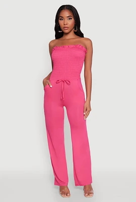 Womens Chic Smocked Strapless Ruffle Jumpsuit with Faux Drawstring, Pink, Size L