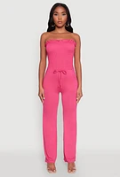 Womens Chic Smocked Strapless Ruffle Jumpsuit with Faux Drawstring, Pink, Size L